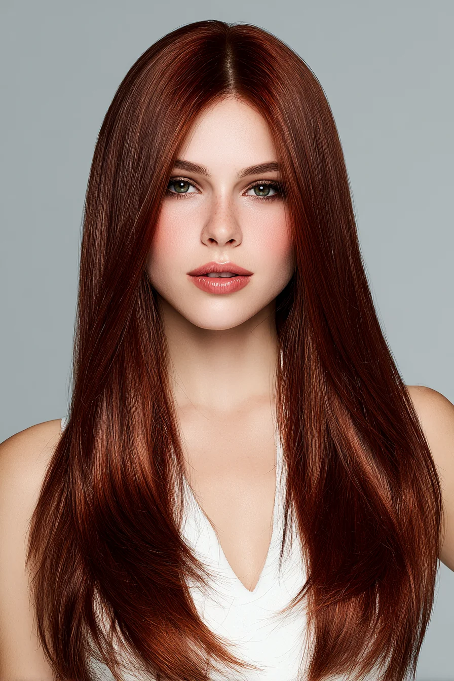 Long Sleek Center Part with Soft Face‑Framing Layers (Auburn Gloss)