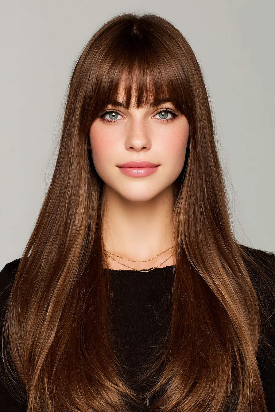 Long Sleek Hair with Blunt Fringe and Soft Face‑Framing Layers