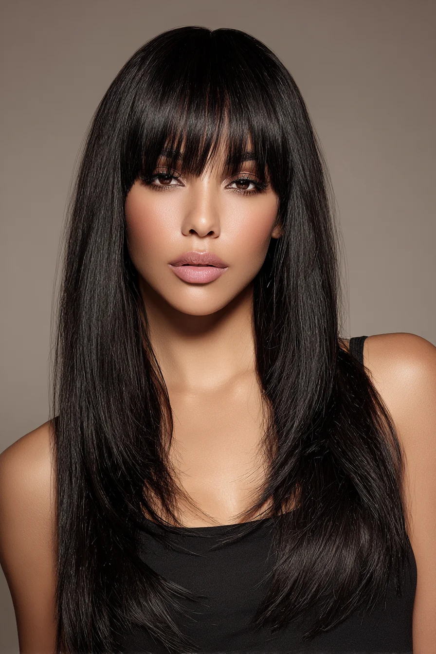Long Sleek Layered Cut with Blunt Eyebrow Fringe