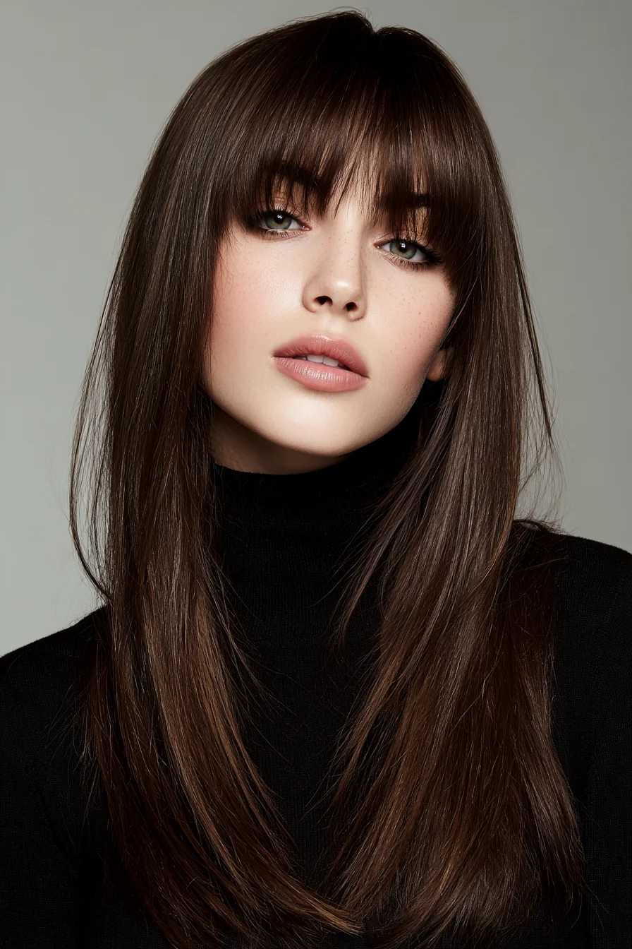Long Sleek Layers with Blunt Fringe — Face‑Framing Straight Cut