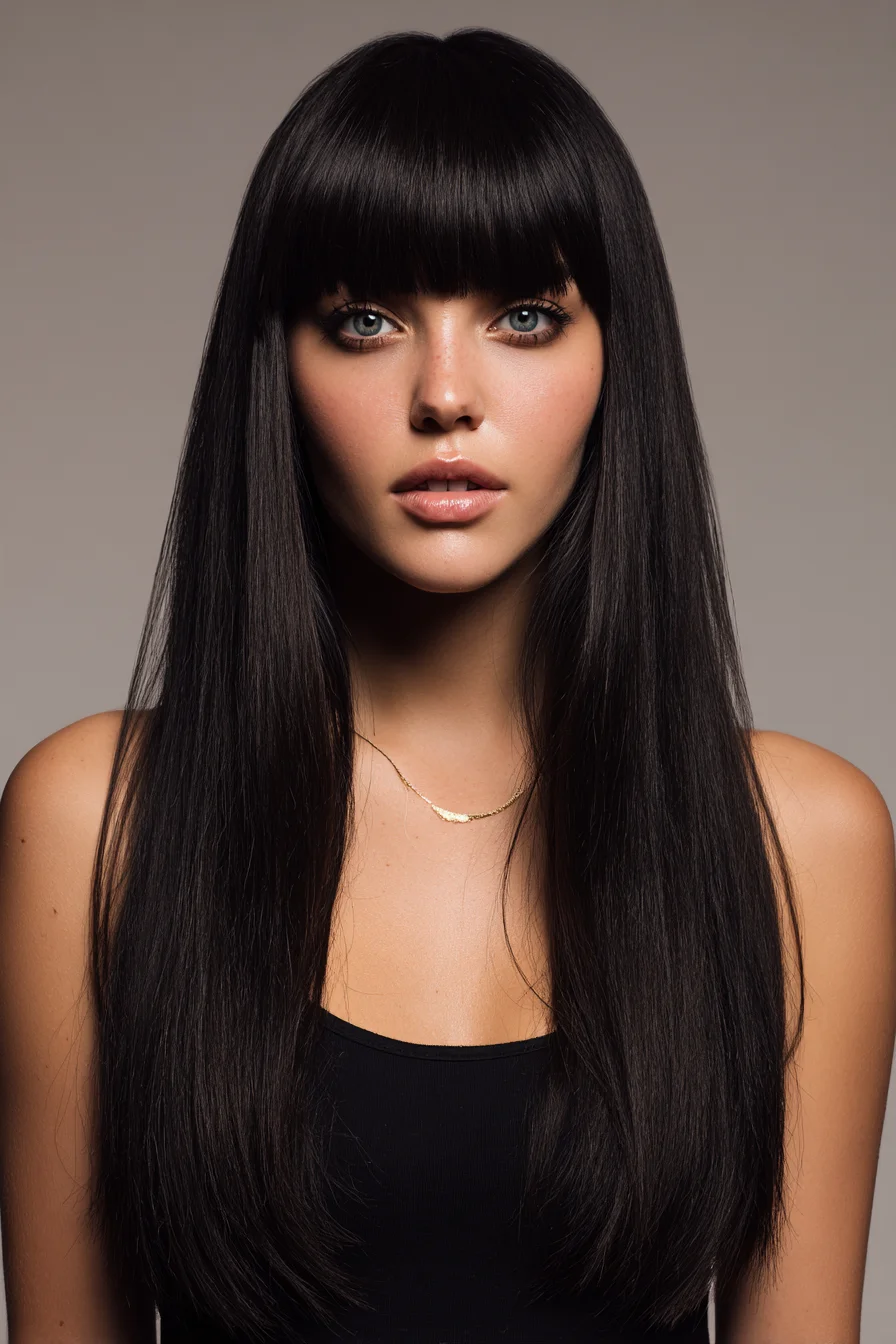 Long Sleek Straight Hair with Blunt Fringe (Full Bangs)