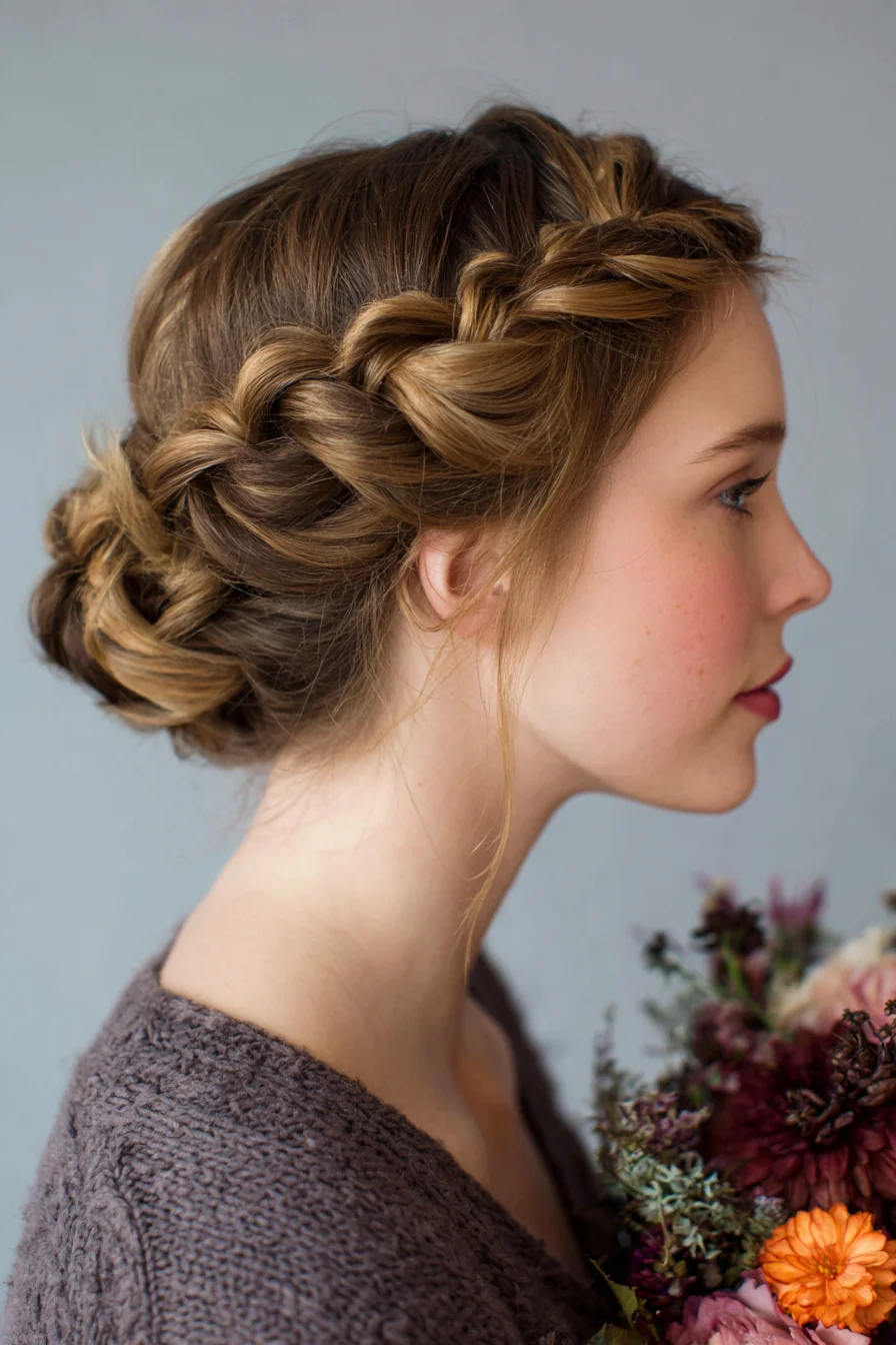 Loose Crown/Dutch Braid Pulled into Low Bun — Textured Romantic Updo