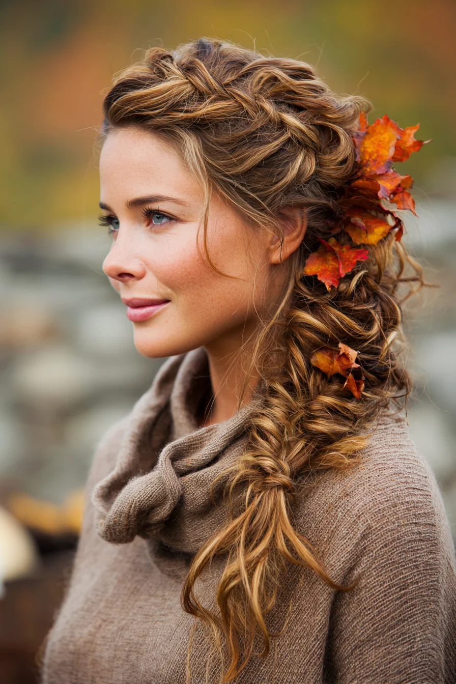 Loose Textured Side Fishtail Braid with Autumn Leaf Accent