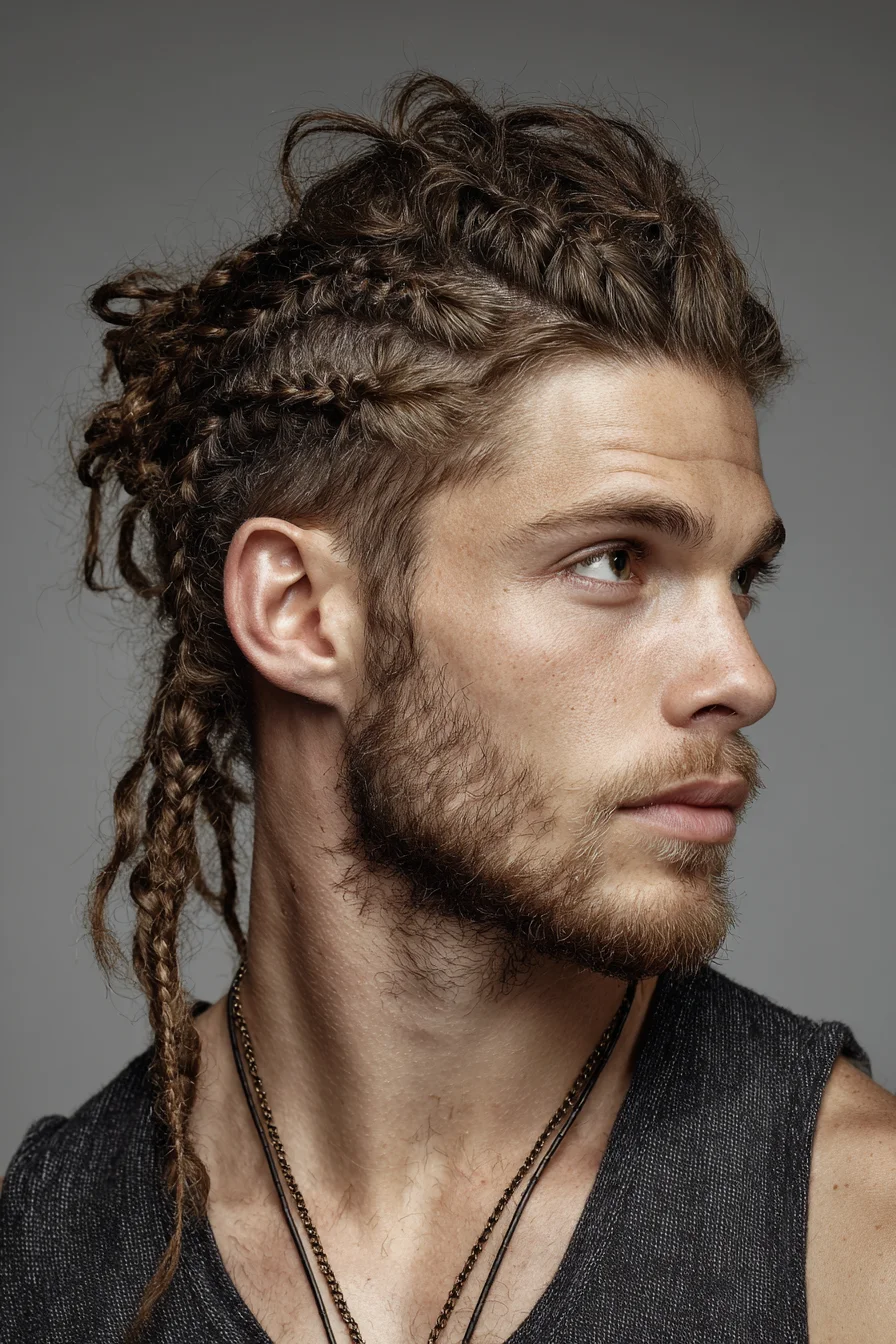 Men’s Textured Cornrows with Loose Back Braids and Top Volume