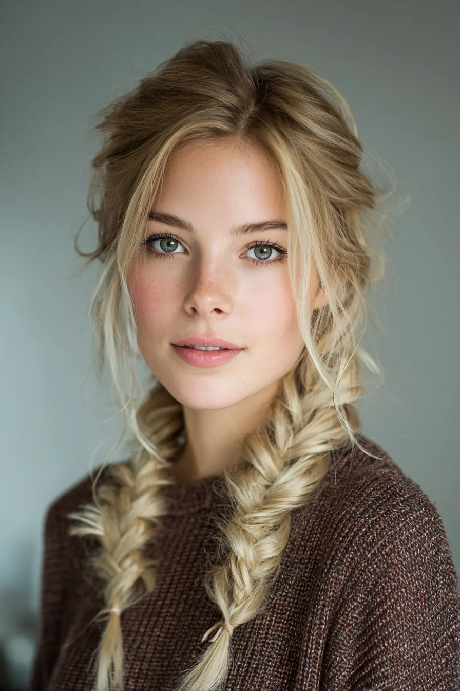 Messy Double Fishtail Braids with Face‑Framing Tendrils