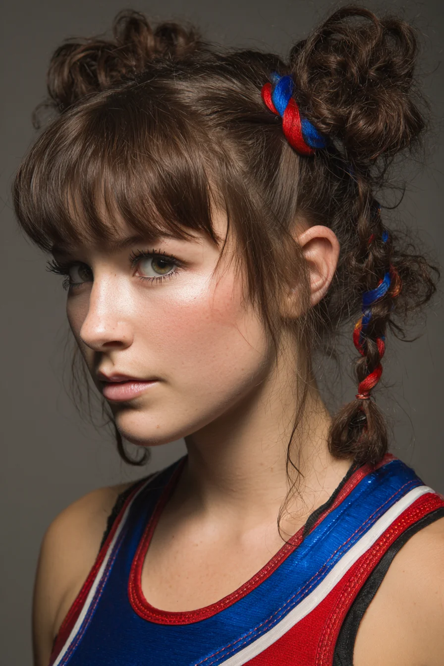 Messy Space Buns with Colored Wrap Braid for Medium–Thick Textured Hair