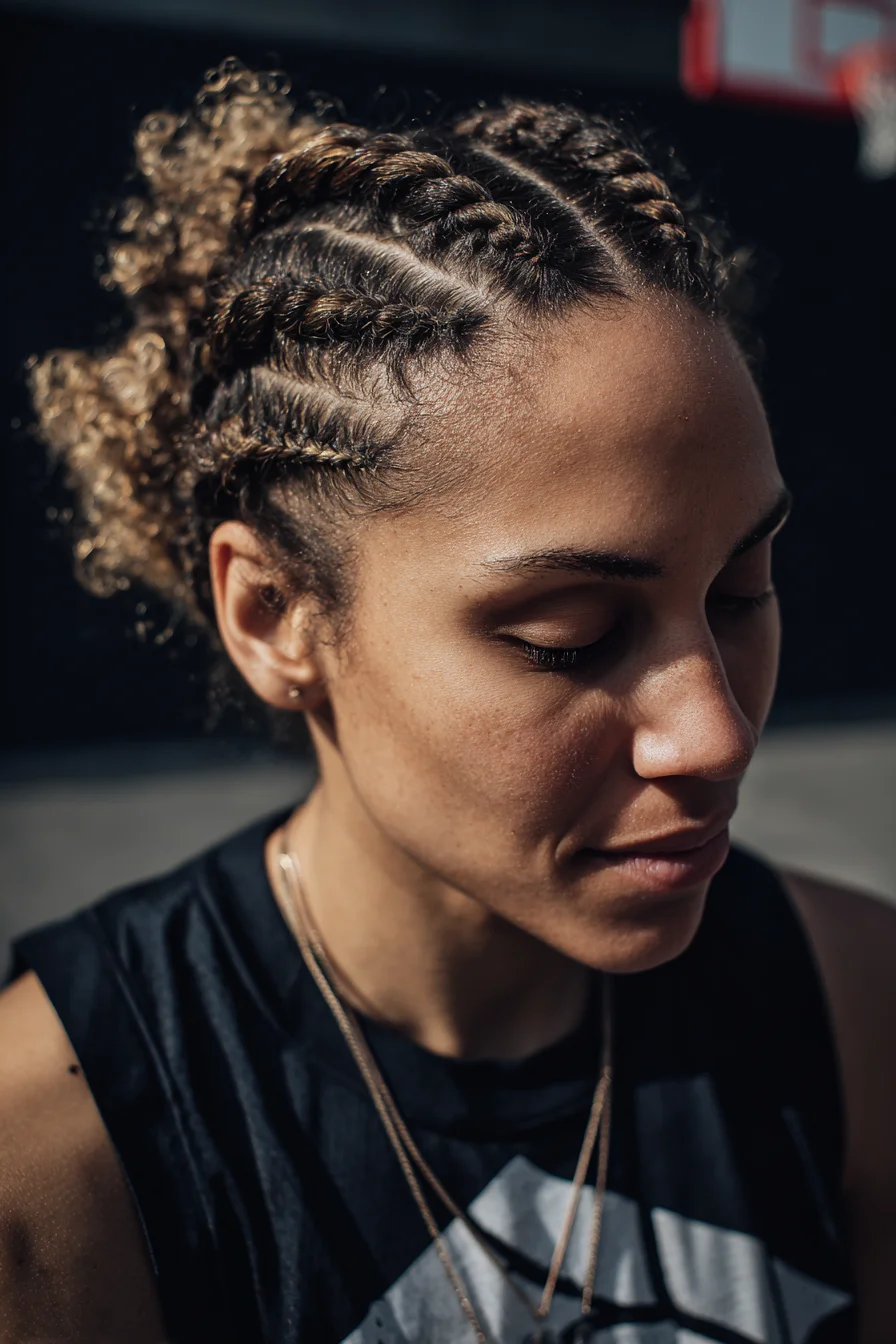 Parallel Cornrow Braided Updo with Curly Puff — Ideal for 3A–4C Natural Hair