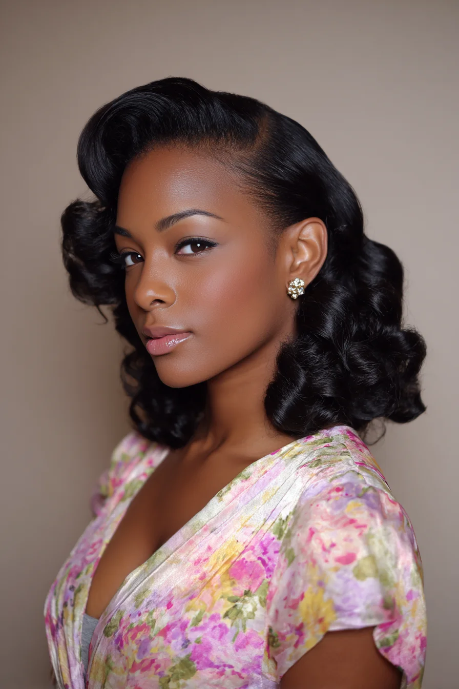 Retro Side‑Swept Glossy Waves — Vintage Rolled Curls for Natural & Relaxed Hair