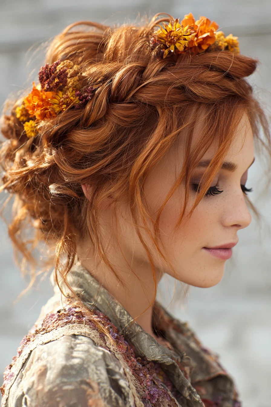 Romantic Braided Crown Updo with Loose Tendrils and Floral Accents