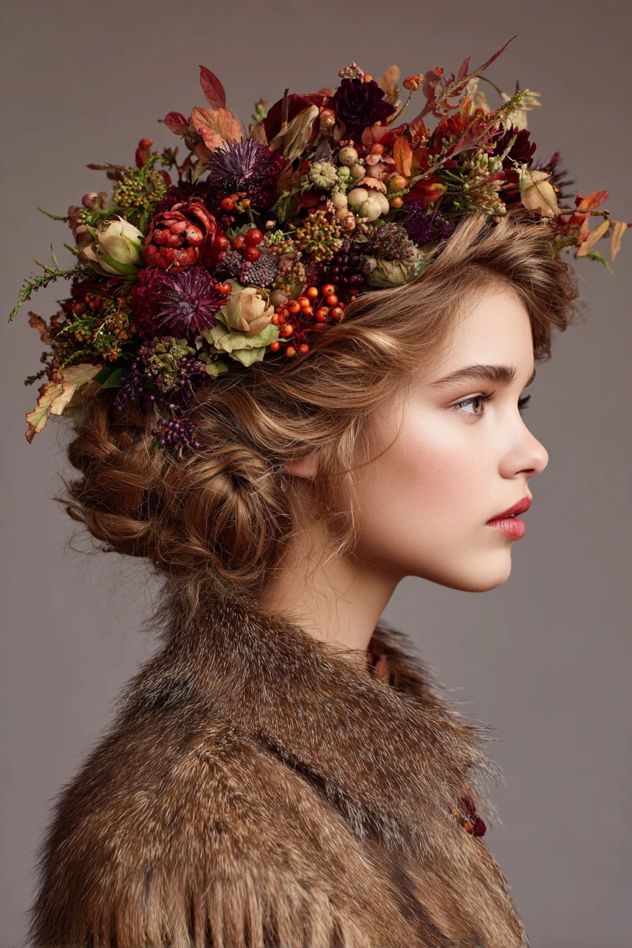 Romantic Braided Low Updo with Autumn Floral Crown