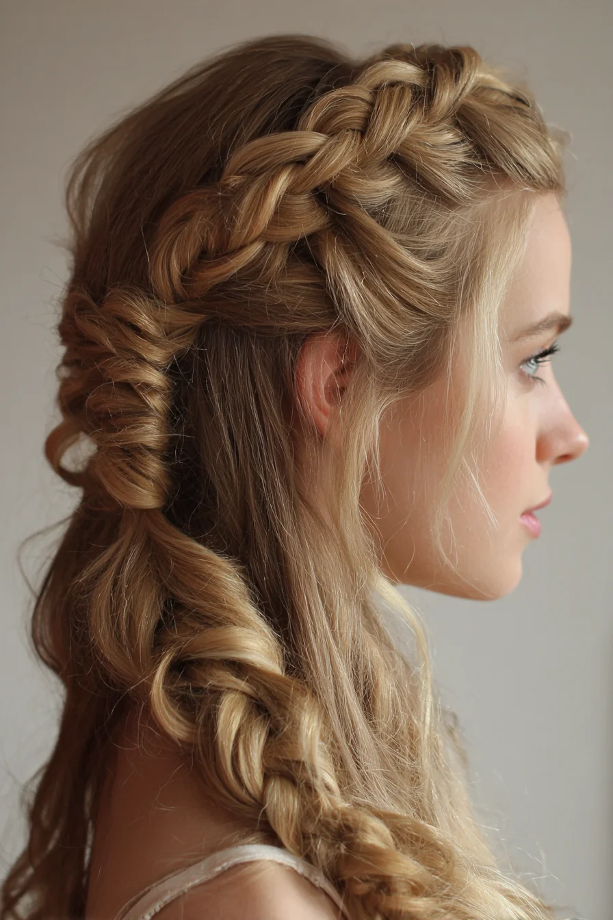 Romantic Half‑Up Crown with Rope Twist and Loose Side Braid