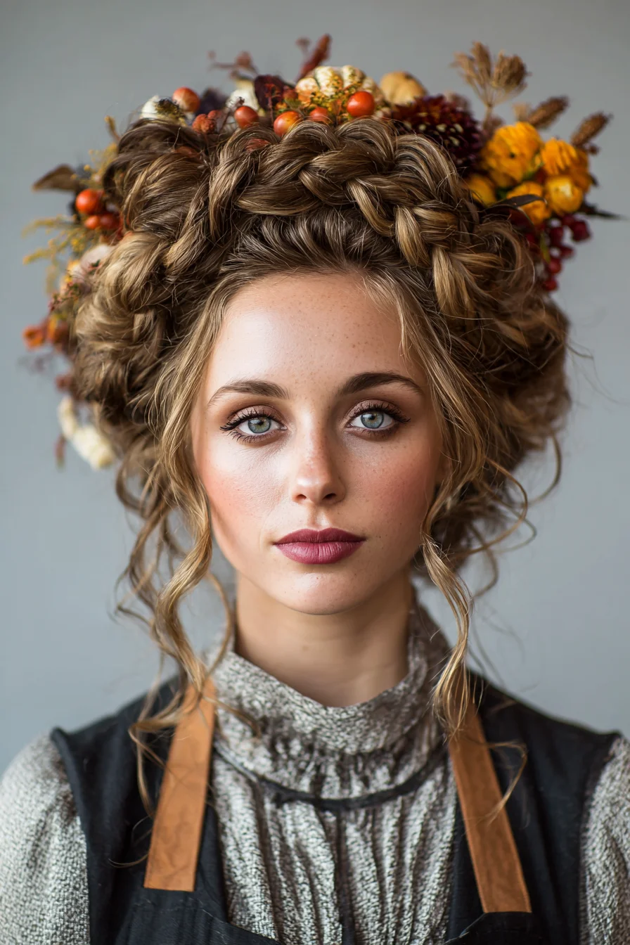 Romantic Loose Crown Braid Updo with Floral Accents