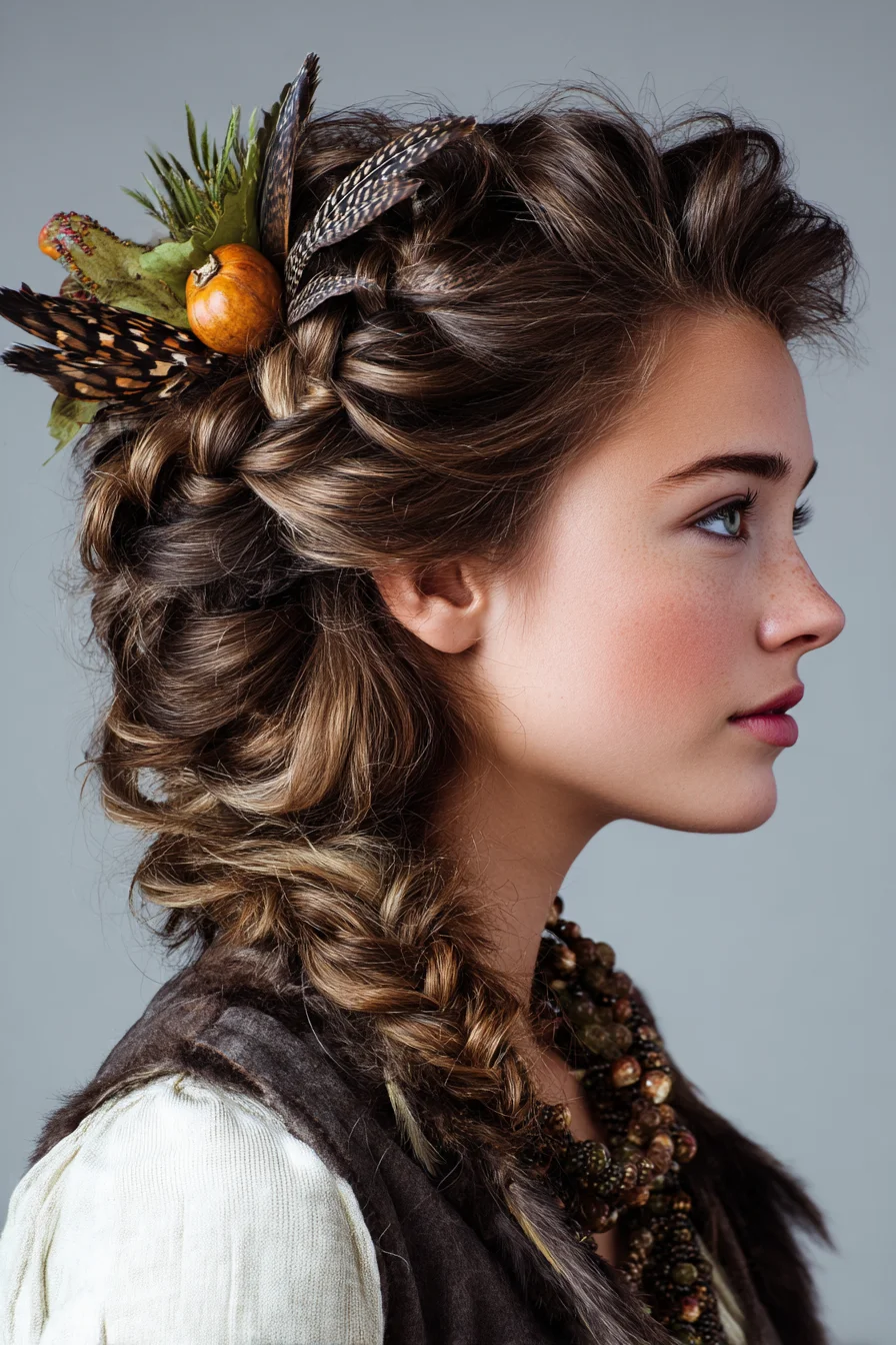 Romantic Textured Side Fishtail Braid with Feather Accents