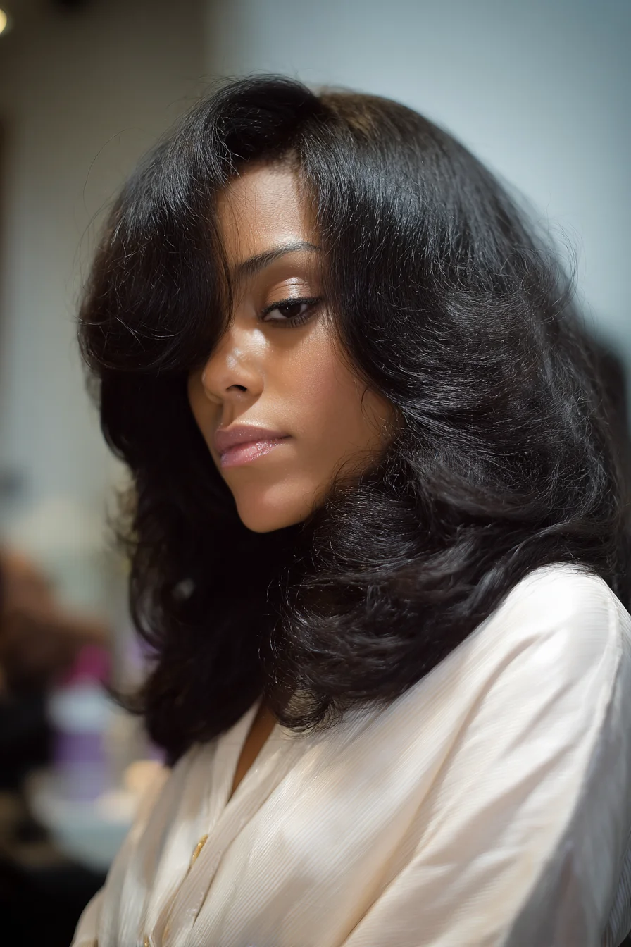 Salon-Style Voluminous Blowout with Feathered Layers and Side-Swept Bang