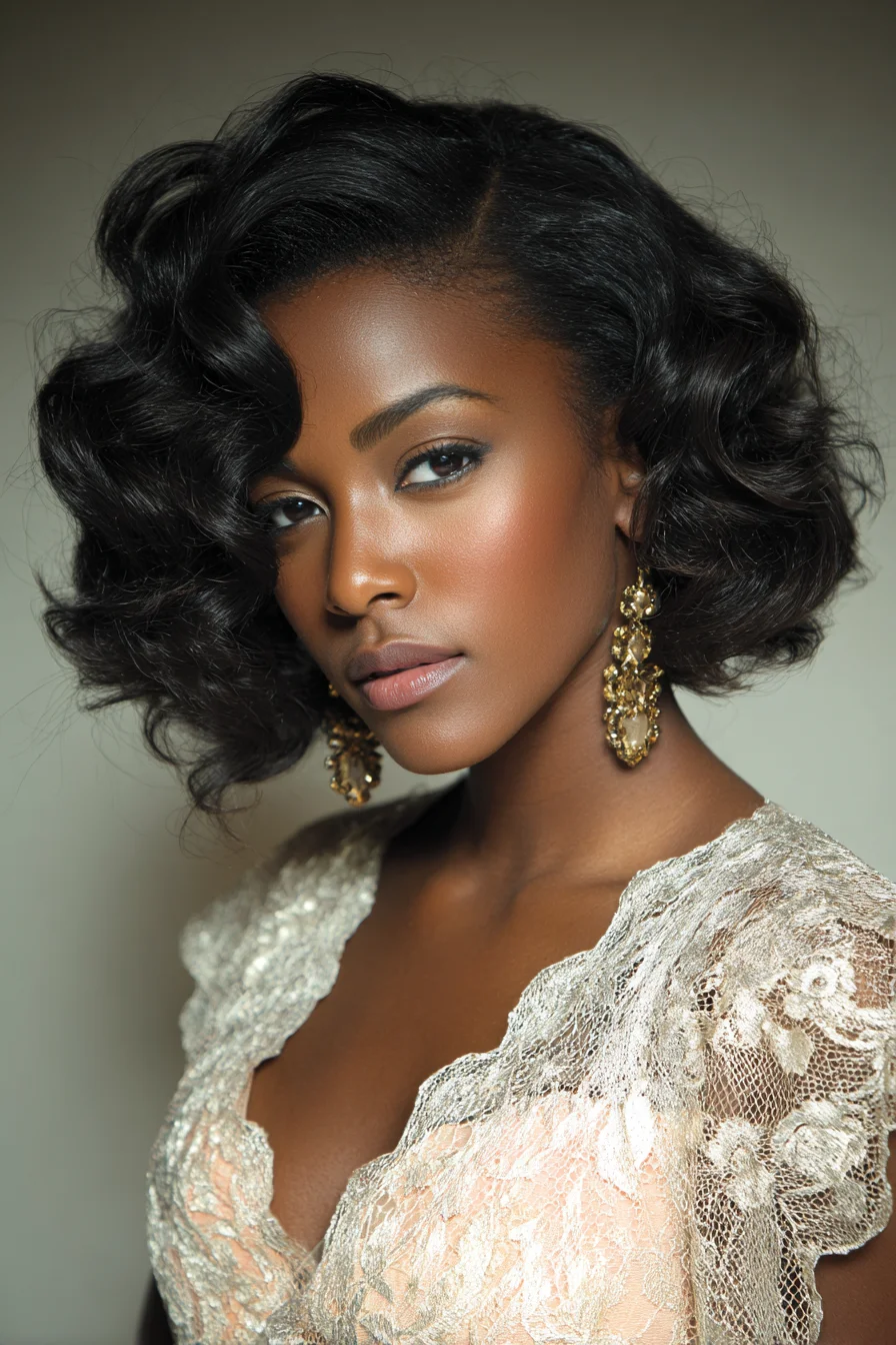 Sculpted Vintage Side Waves — Glossy Short Bob for Natural Texture