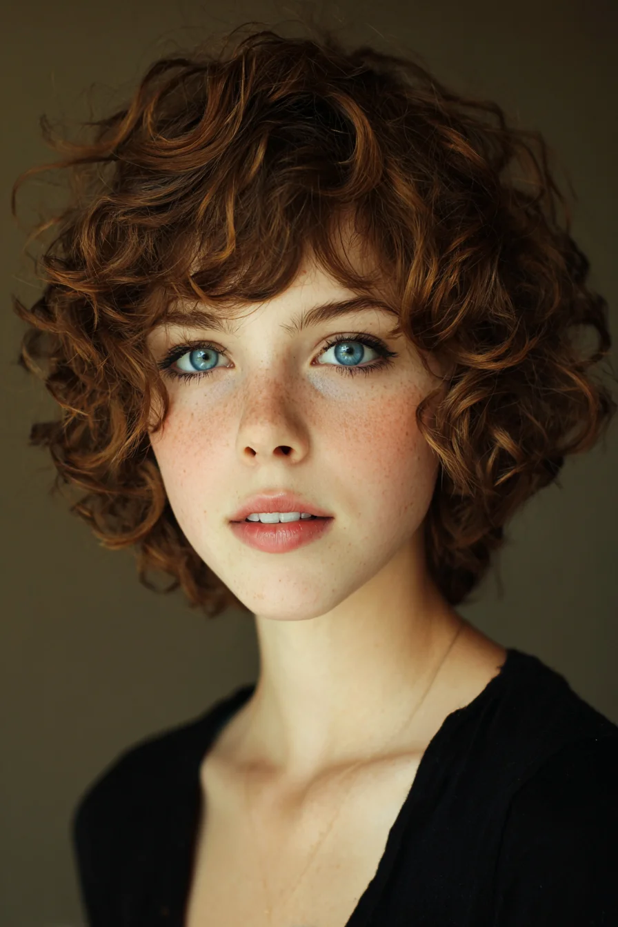 Short Curly Bob with Layered Texture and Soft Fringe