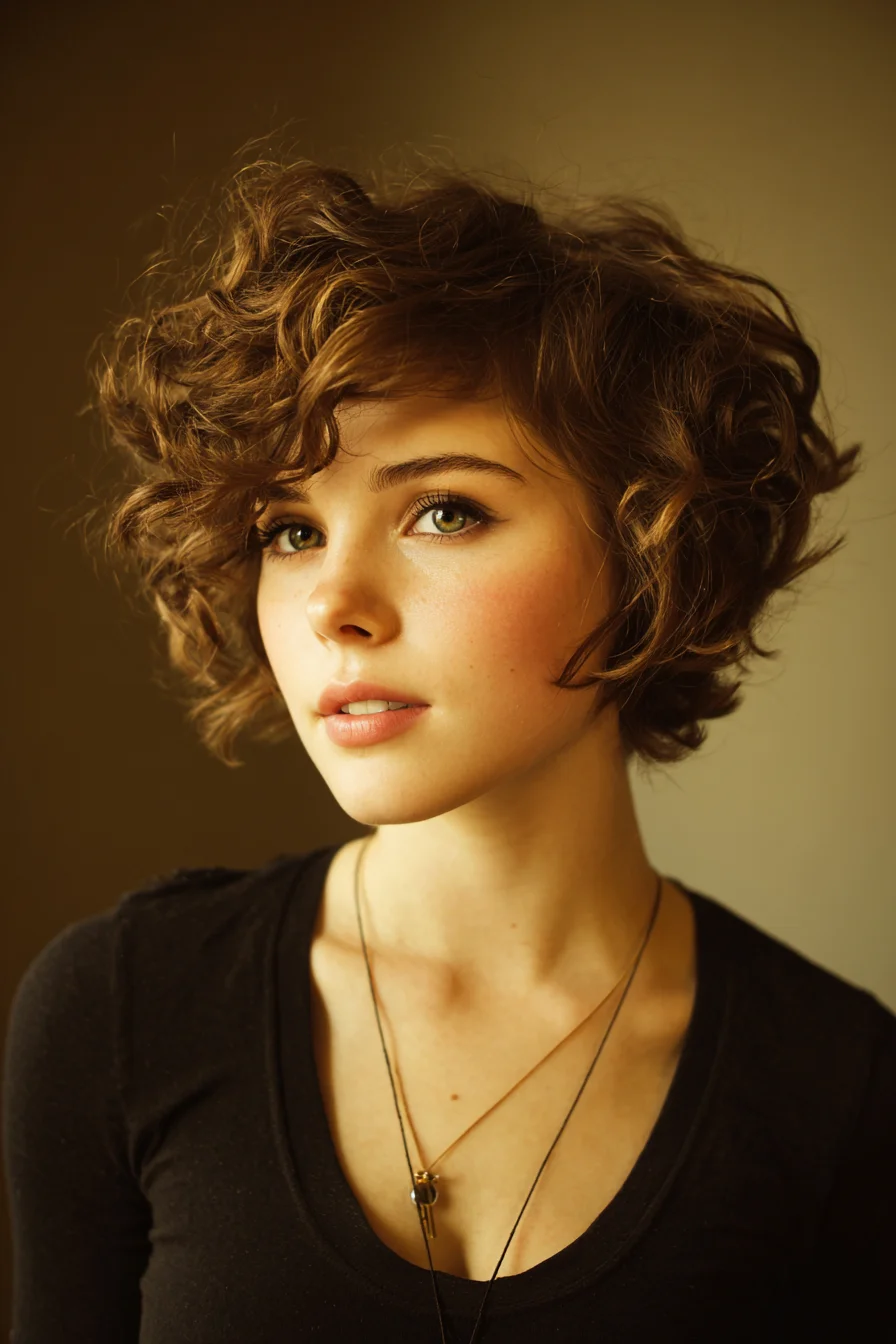 Short Textured Curly Bob with Side‑Swept Fringe