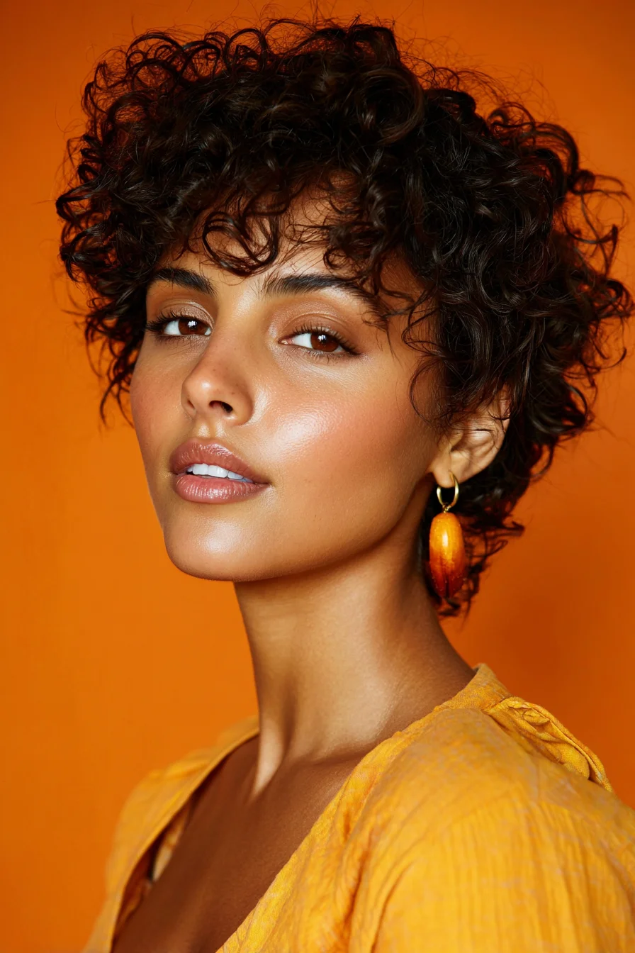 Short Textured Curly Pixie with Tapered Nape and Tousled Fringe