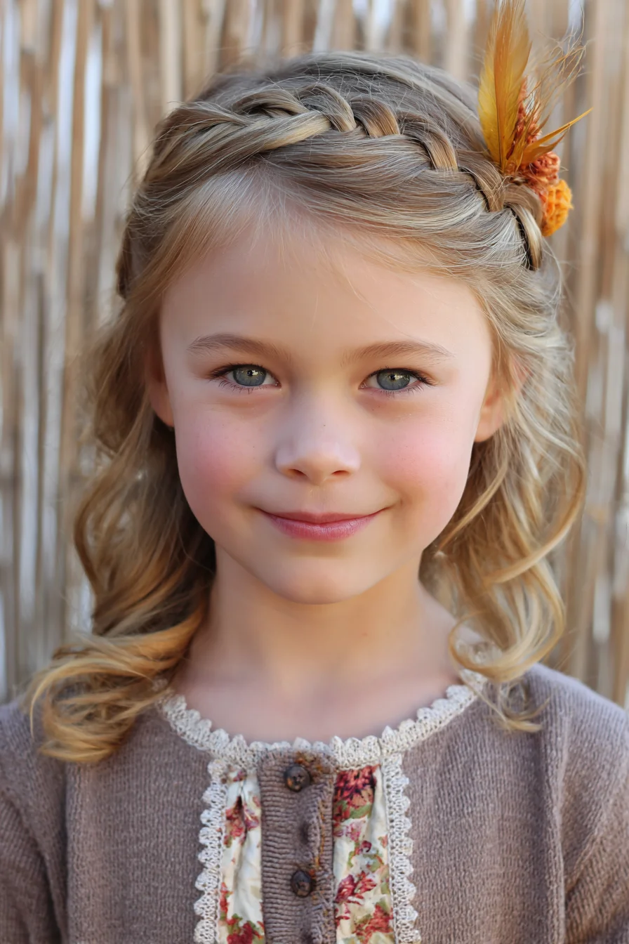 Side Dutch Braid Crown with Loose Curls and Feather Accent