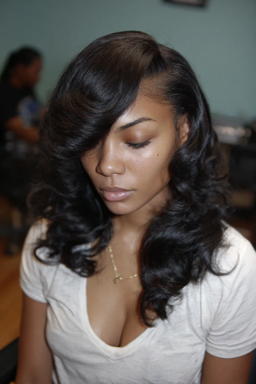 Side-Swept Deep Part with Voluminous Barrel Curls — Smooth Blowout Finish