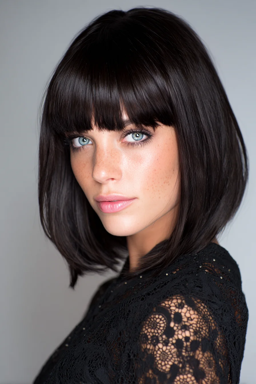 Sleek Blunt Lob with Full Fringe — Chin-Length Bob