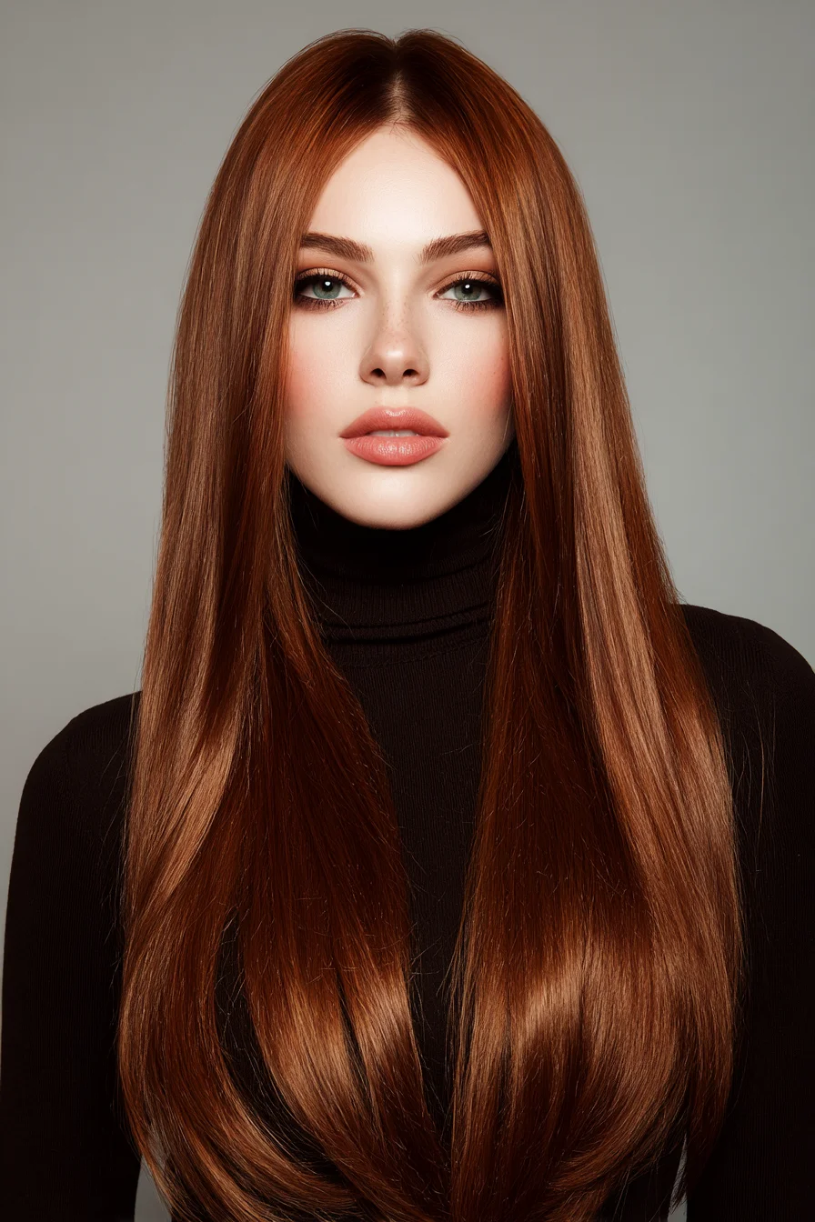 Sleek Center-Part Long Copper Straight Hair