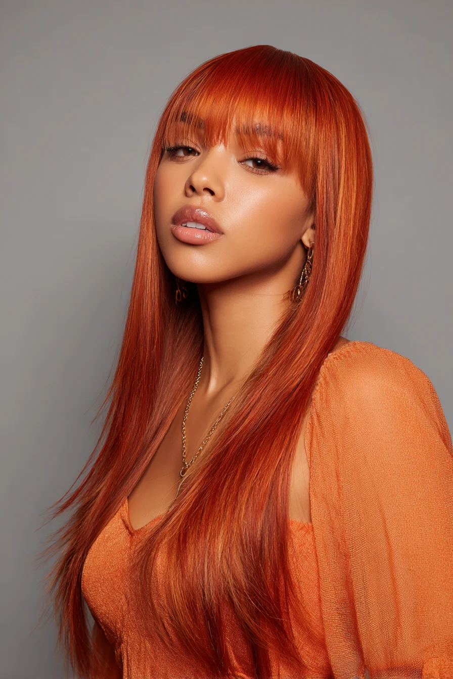 Sleek Copper Long Cut with Blunt Fringe and Soft Layers