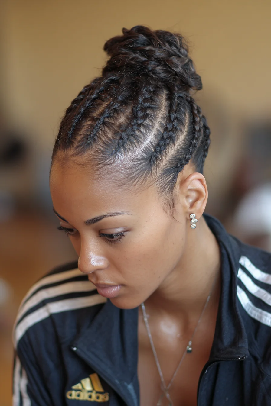Sleek Feed‑In Cornrows Leading to a High Textured Bun
