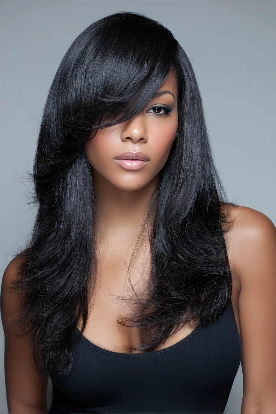Sleek Long Layered Blowout with Side-Swept Fringe