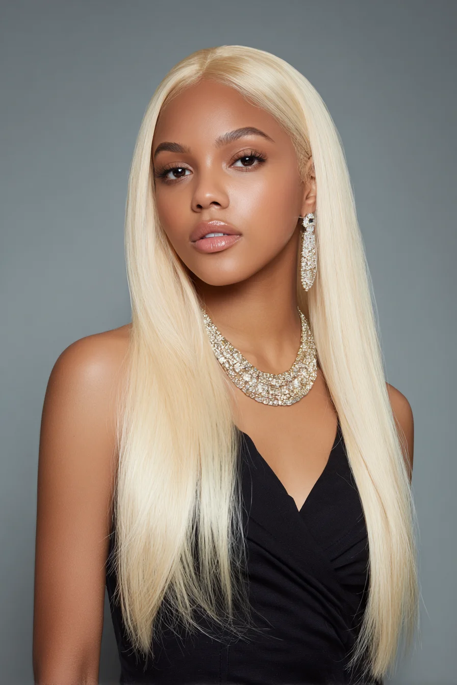 Sleek Platinum Blonde Long Straight Hair — Center Part & Blunt Ends