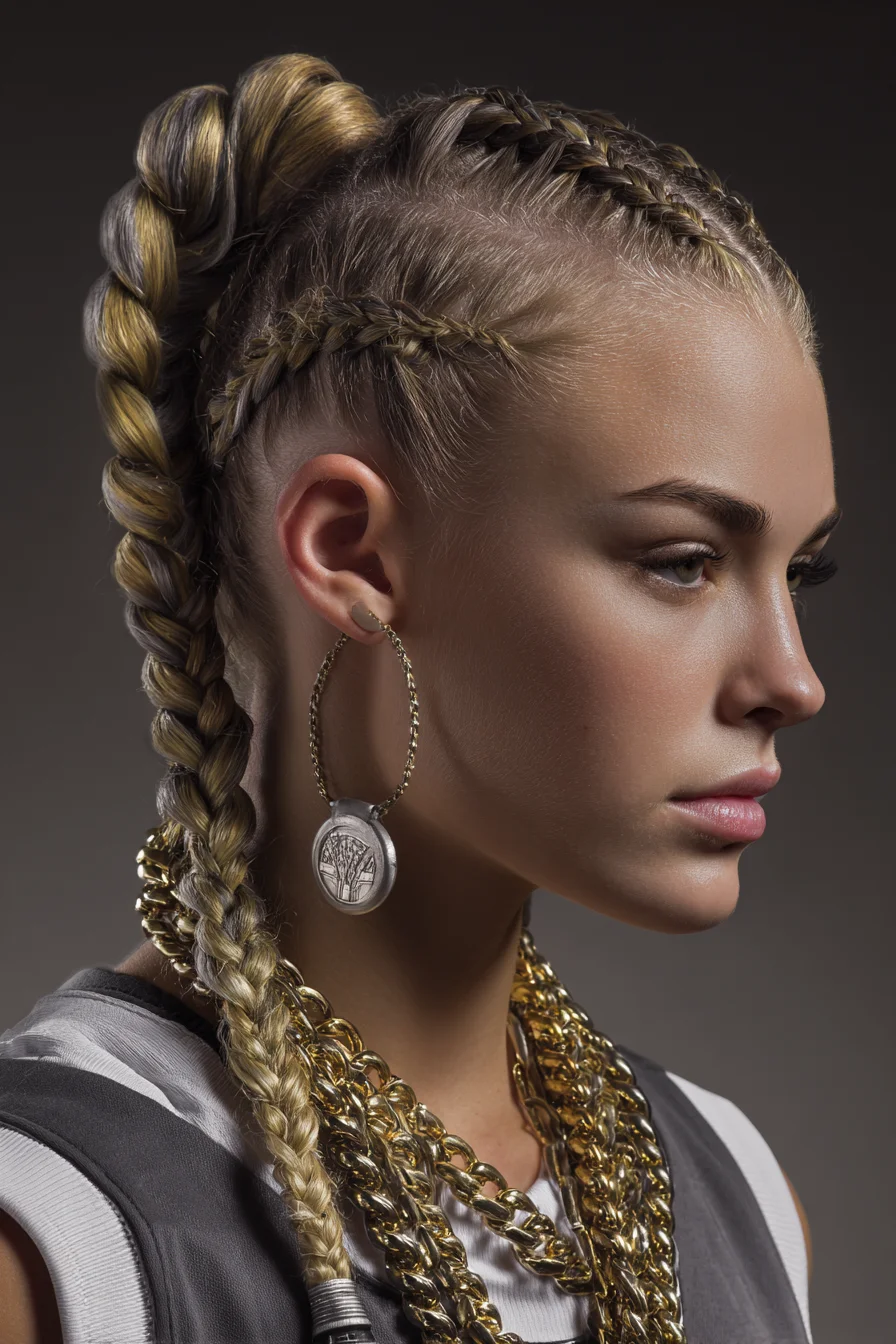 Sleek Side Cornrows into Thick Rope Braided Ponytail