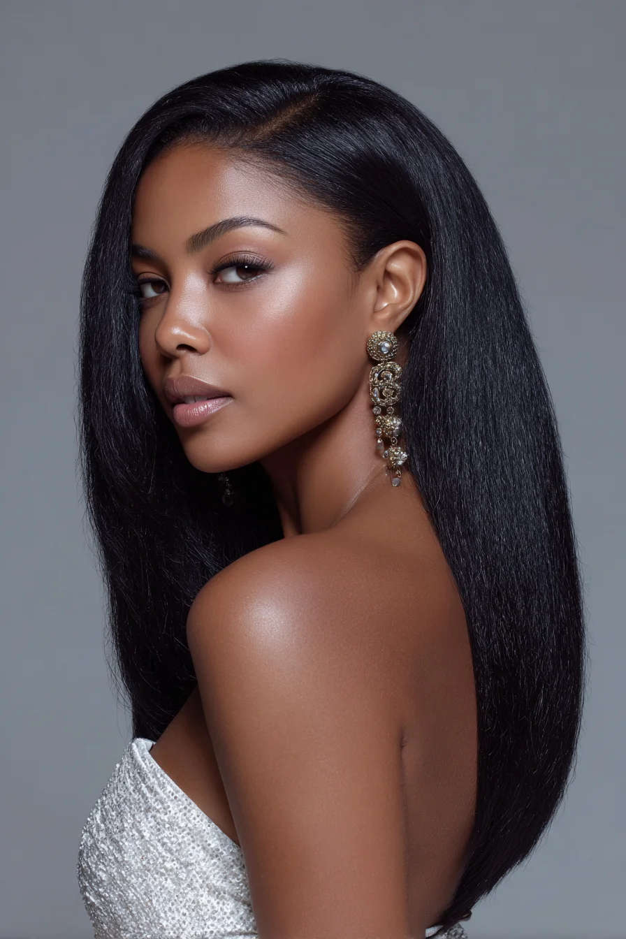 Sleek Straight Mid-Length Blowout with Deep Side Part