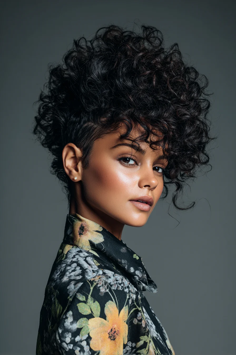 Tapered Curly Faux Hawk — Voluminous Defined Curls with Short Sides