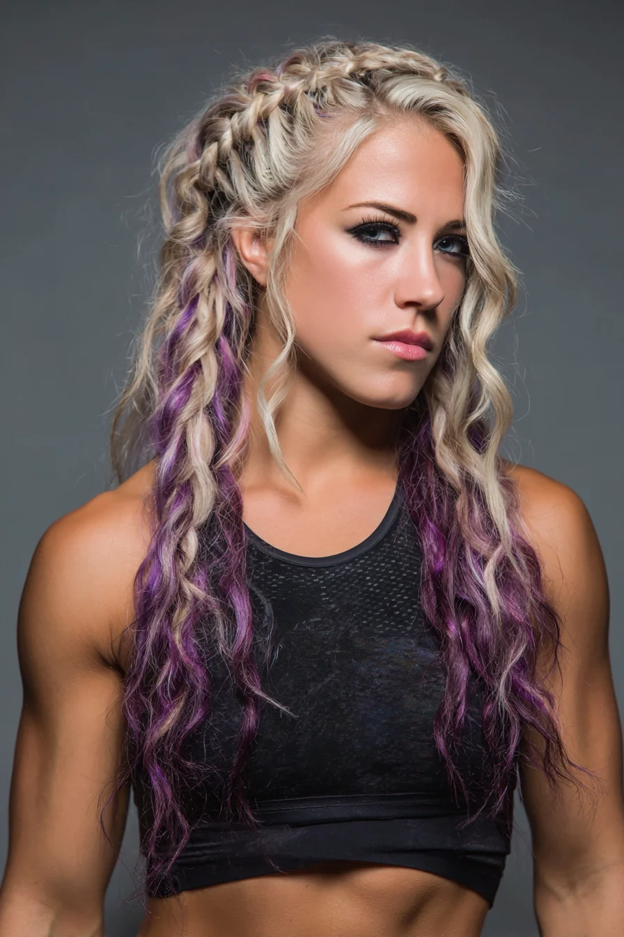 Textured Blonde-to-Purple Half-Up Dutch Braids with Loose Rope Waves