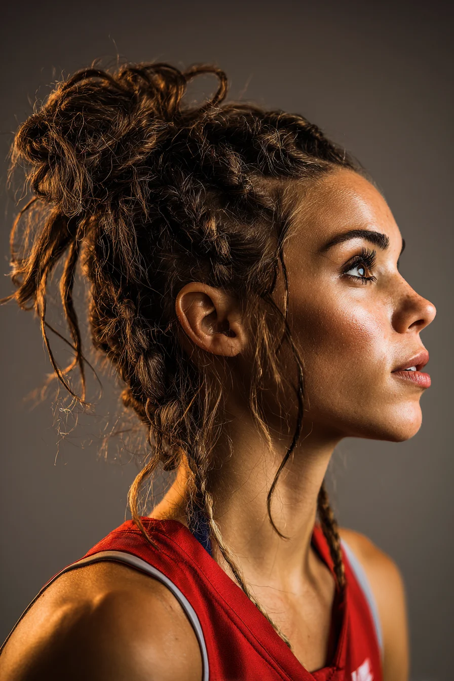 Textured Cornrow-to-Messy Top Knot with Face‑Framing Tendrils