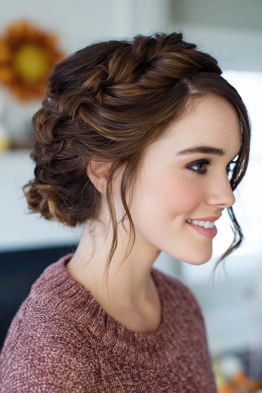 Textured Crown Braid into Low Messy Bun — Romantic Braided Updo