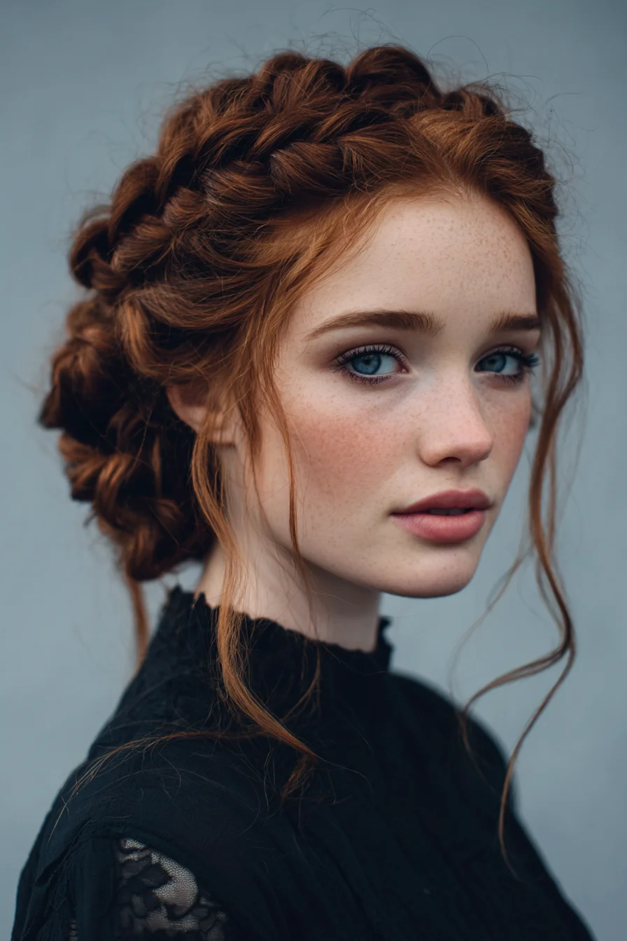 Textured Crown Braid Updo with Face‑Framing Tendrils