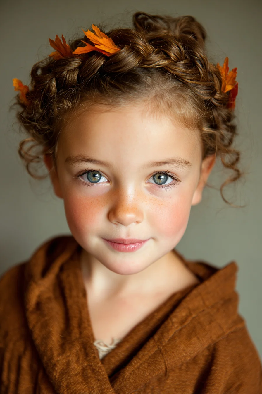 Textured Crown Braid with Loose Curls and Autumn Leaf Accent