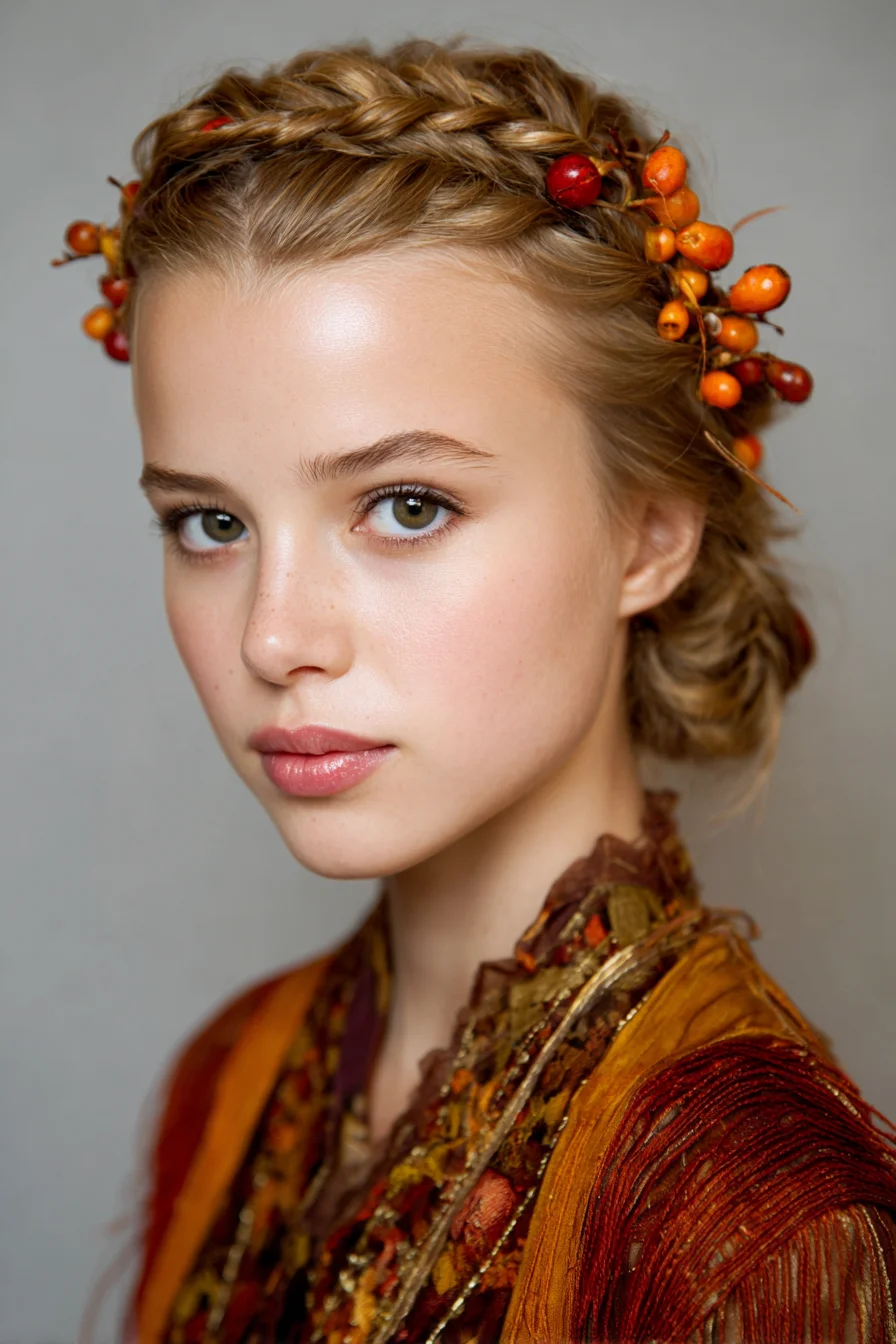 Textured Crown Braided Updo with Autumn Berry Accents