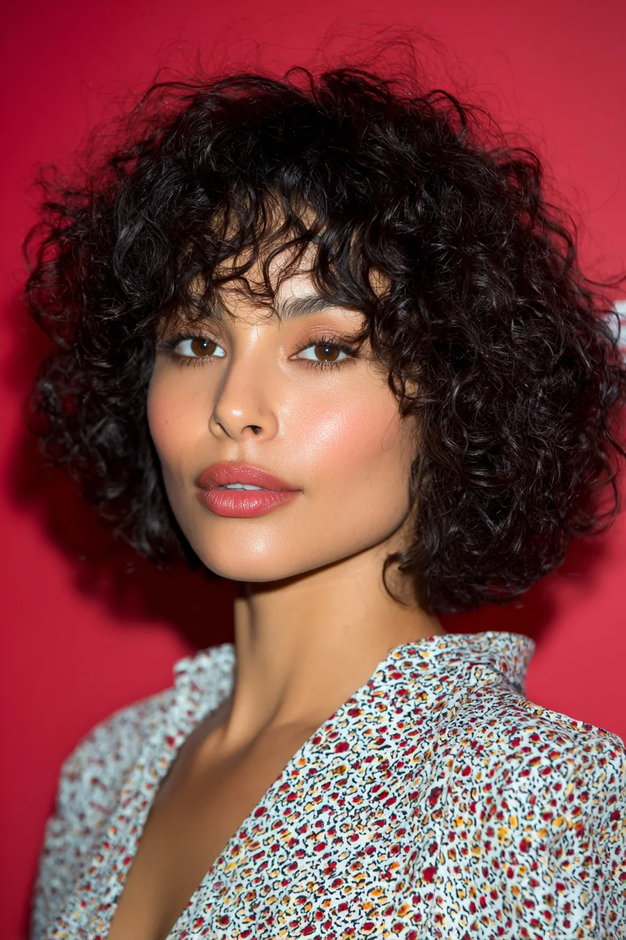Textured Curly Bob with Soft Curtain Bangs