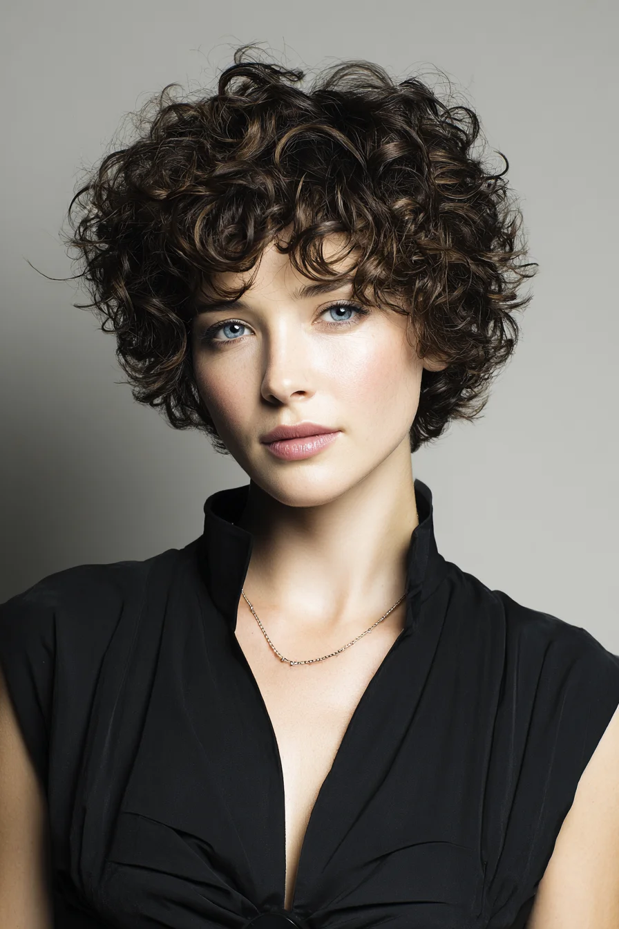 Textured Curly Pixie-Bob with Face-Framing Fringe