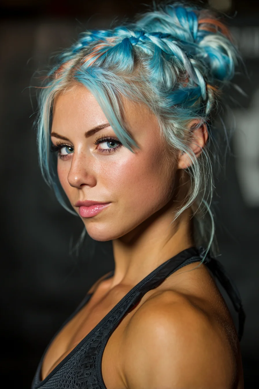 Textured Double Dutch Braids Into Messy Top Bun — Pastel Blue Hair