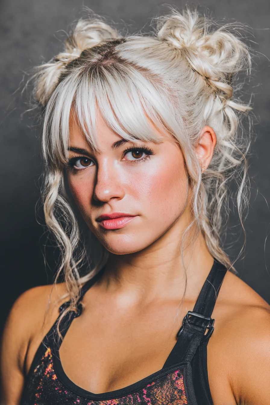 Textured Double Space Buns with Face‑Framing Waves and Blunt Fringe