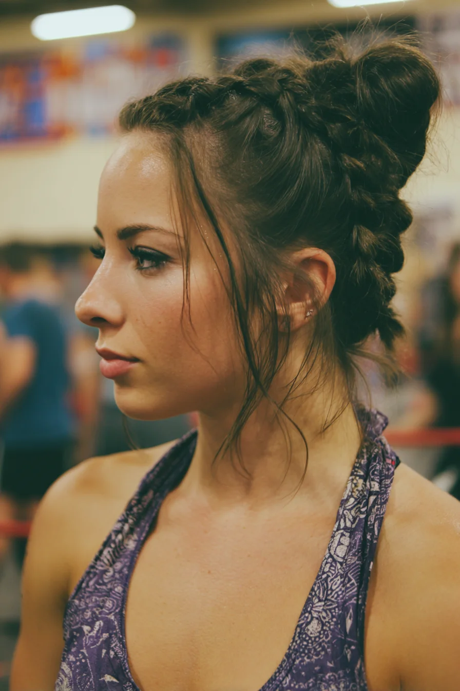 Textured Dutch Braided High Bun with Face‑Framing Tendrils