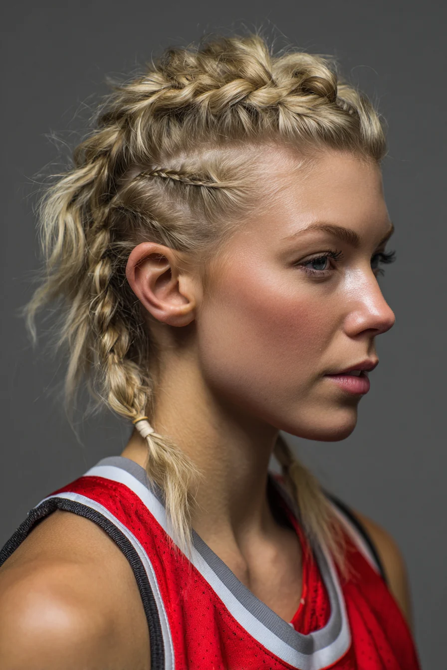Textured Dutch-Braided Mohawk with Mini Side Cornrows — Sporty Blonde Braids