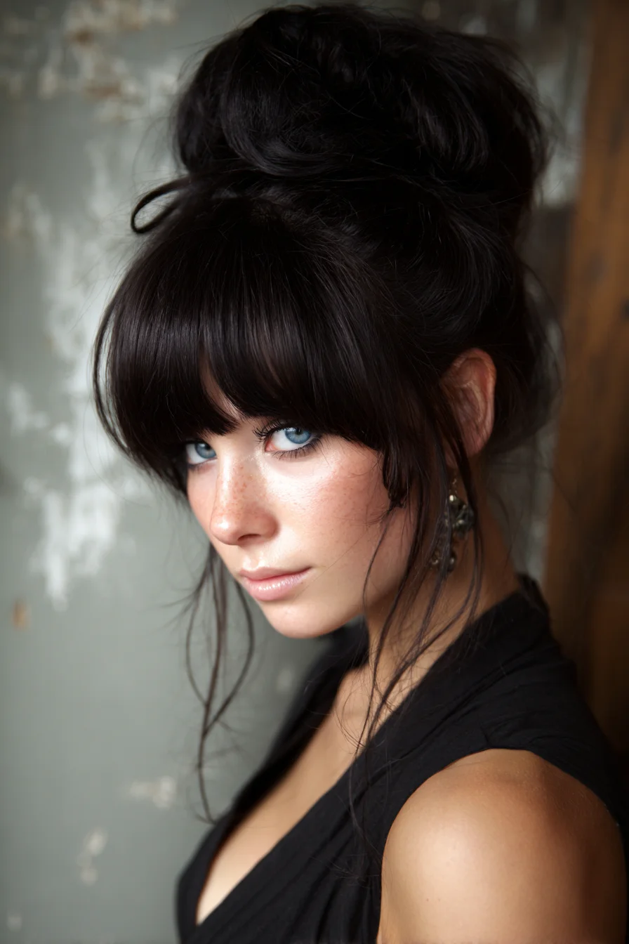 Textured High Messy Bun with Blunt Fringe and Face‑Framing Strands