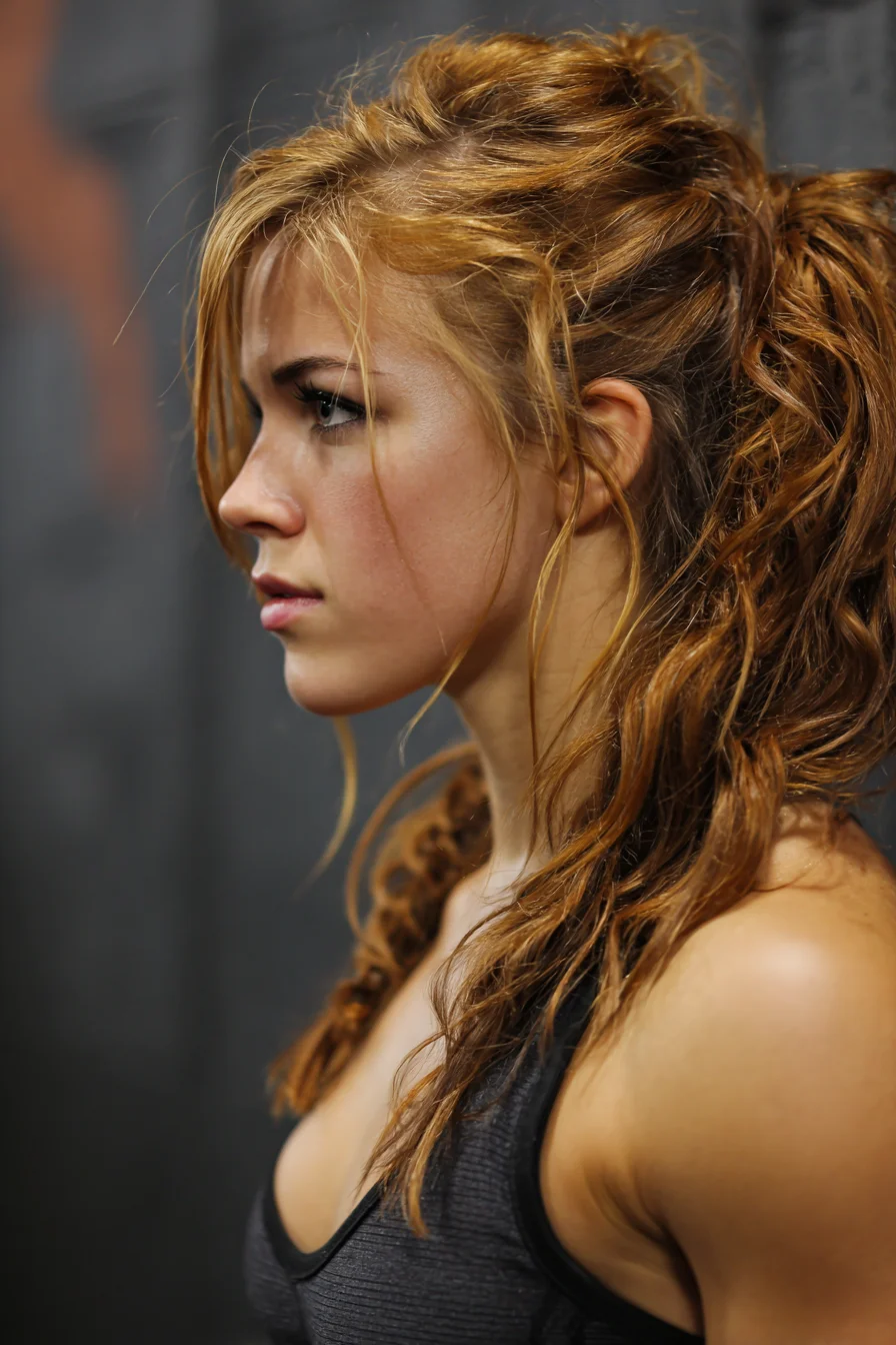 Textured Messy High Ponytail with Beach Waves and Face‑Framing Tendrils