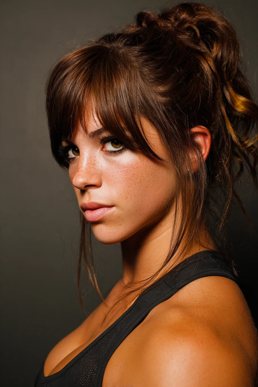 Textured Messy High Ponytail with Curtain Bangs and Face‑Framing Tendrils