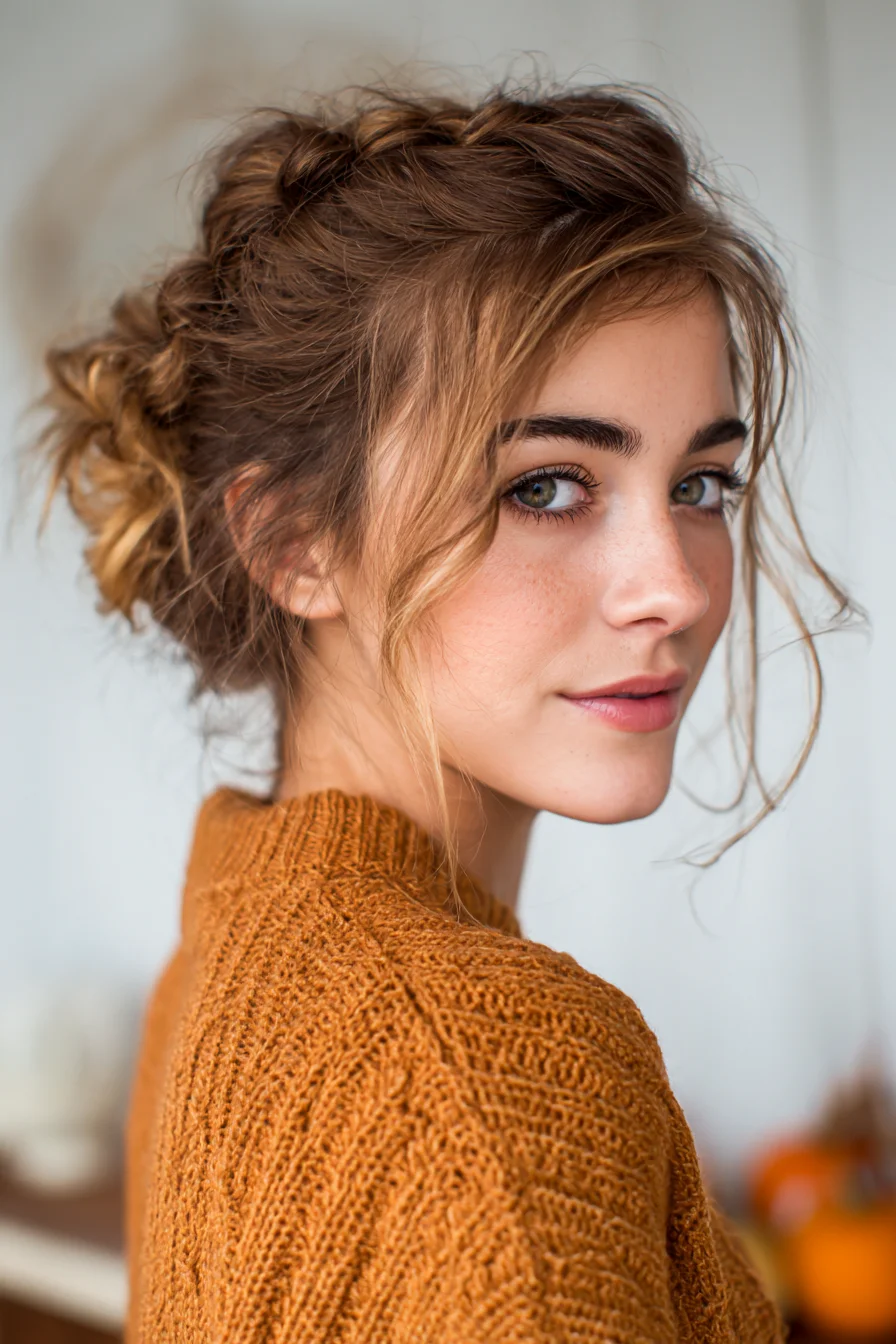 Textured Messy Low Bun with Face‑Framing Tendrils