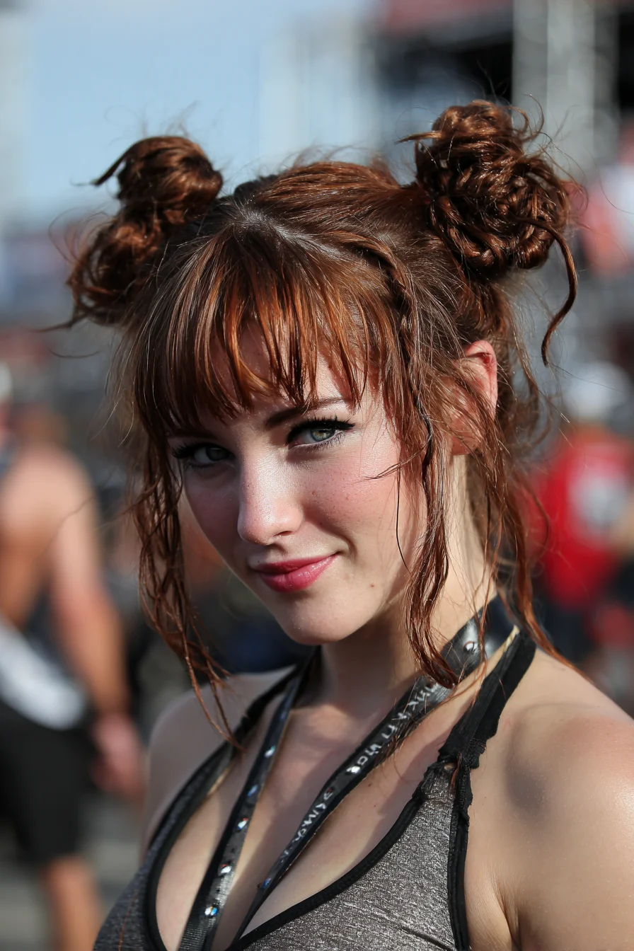 Textured Messy Space Buns with Wispy Bangs